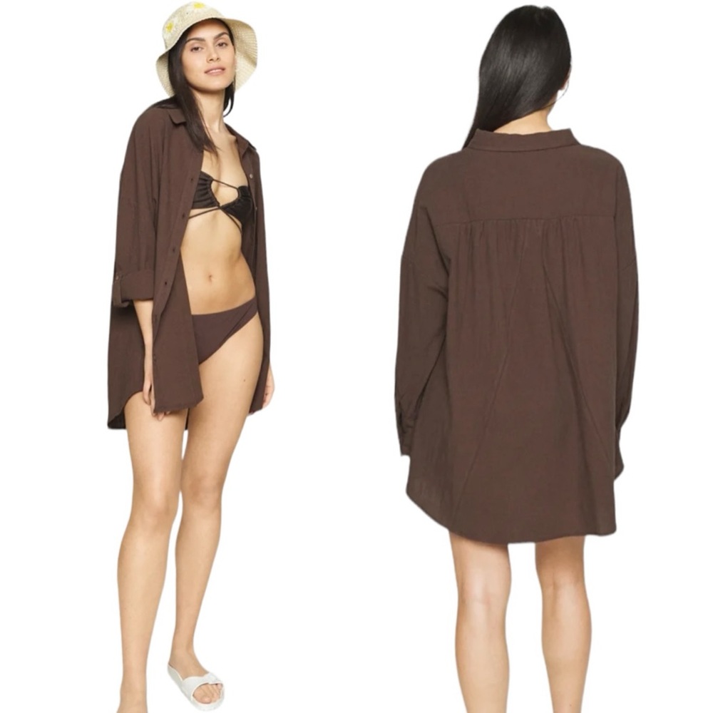 Cotton On Body Organic Cotton Swim Cover Up Beach Shirt Chocolate Size S NWT - Picture 1 of 13